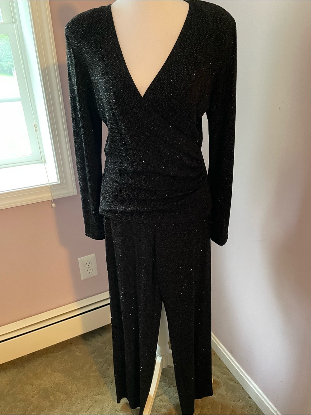 Metallic Black Wrap-Front Jumpsuit